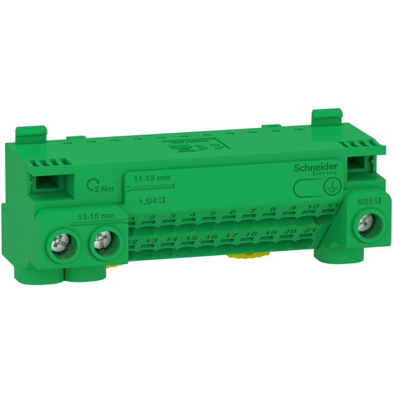 Resi9 – bornier terre 63A + cavalier-auto 21×1,5² à 4²-vis 3×6² à 25²